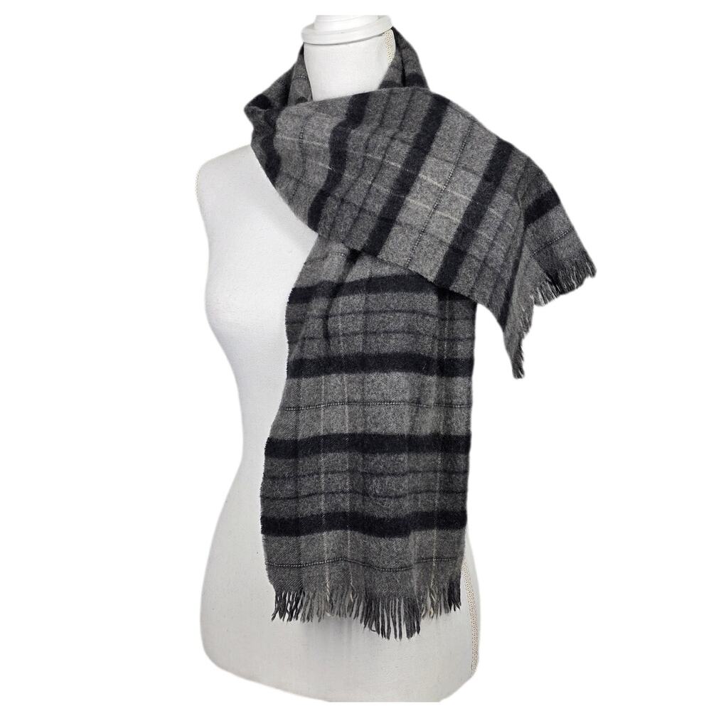 PURE CASHMERE VINTAGE PLAID SCARF GRAY/BLACK – MADE IN WEST GERMANY – 50" × 12"
